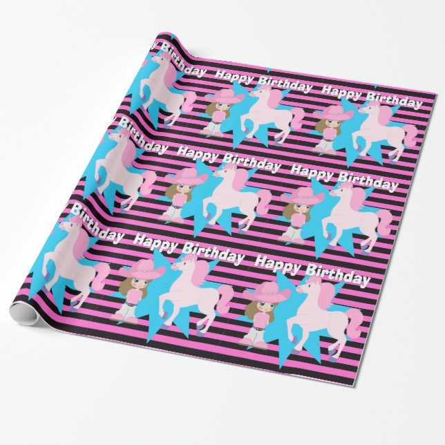 Papel De Regalo Niñita marrón pelo con caballo feliz cumpleaños (Desenrollado)
