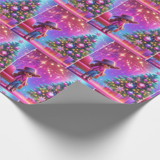 Papel De Regalo Niñita Parada Frente A Navidades De Árbol (Esquina)