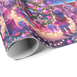 Papel De Regalo Niñita Parada Frente A Navidades De Árbol