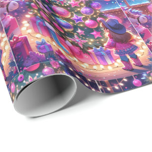 Papel De Regalo Niñita Parada Frente A Navidades De Árbol