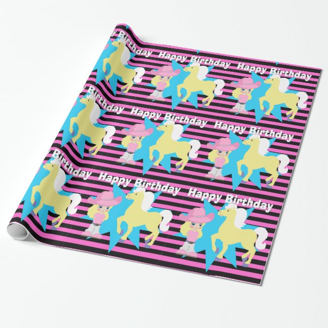 Papel De Regalo Niñita rubia con caballo feliz cumpleaños (Desenrollado)