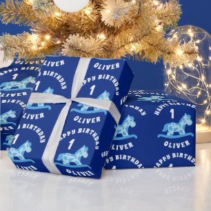 Papel De Regalo Niño con Caballo de Balanza Azul Adorable Cumpleañ