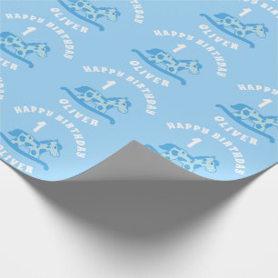 Papel De Regalo Niño con Caballo de Balanza Azul Cumpleaños 1 
