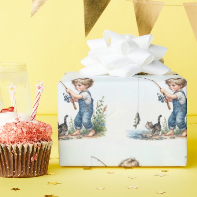 Papel De Regalo Niño Pescando Con Gatito (Fiesta de cumpleaños )