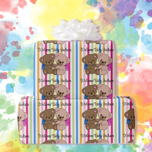 Papel De Regalo Niño y Chica Teddy Osos Baby Shower Nombre Azul Ro