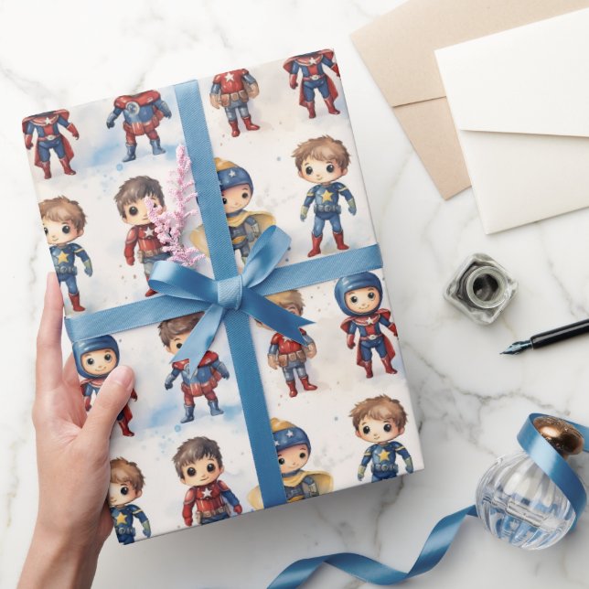Papel De Regalo Niños acuarela Pequeños Superhéroes niños - (Regalar)
