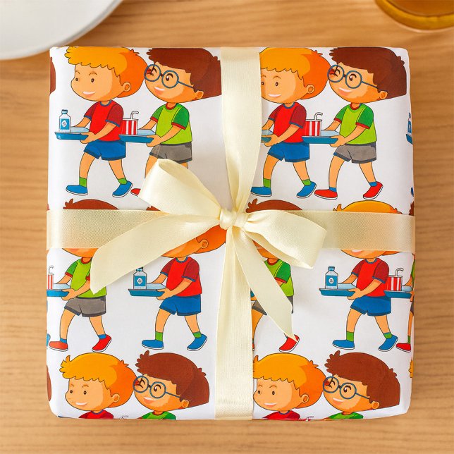 Papel De Regalo Niños adorables que llevan bandejas de comida (Subido por el creador)
