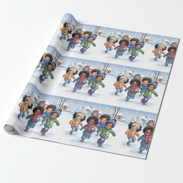 Papel De Regalo Niños afroamericanos jugando en la nieve (Desenrollado)