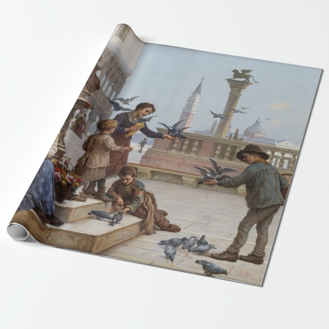 Papel De Regalo Niños alimentando palomas en Venecia (por Paoletti (Desenrollado)