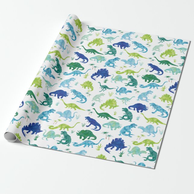 Papel De Regalo Niños azulverdes de la silueta del dinosaurio de (Desenrollado)