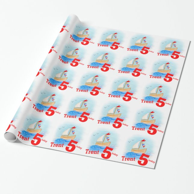 Papel De Regalo Niños con nombre barco de vela pintado 5 cumpleaño (Desenrollado)