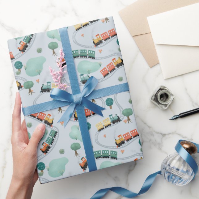 Papel De Regalo Niños Cute Tren Azul Patrón de viaje Niños Cumplea (Regalar)