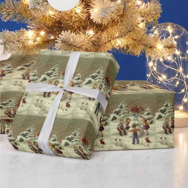 Papel De Regalo Niños de la época haciendo snowman (Vacaciones)