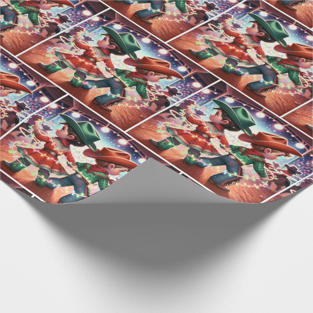 Papel De Regalo Niños de Rodeo Cowboy Twirling Navidades luces (Esquina)