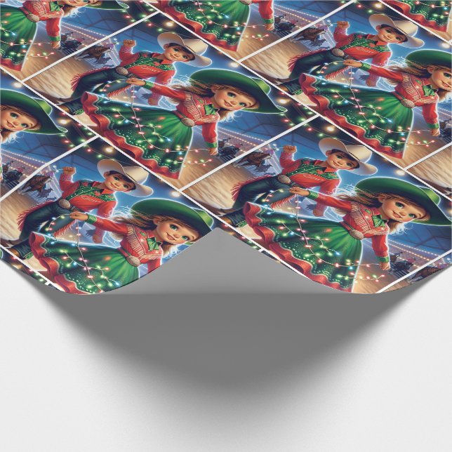 Papel De Regalo Niños de Rodeo Cowboy Twirling Navidades luces (Esquina)