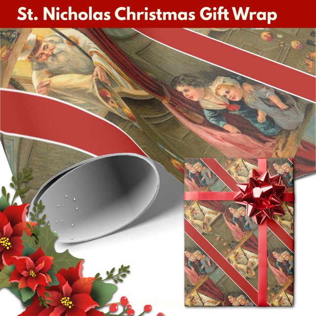 Papel De Regalo Niños de San Nicolás Fruit Toys Festejos Navidades (Festive Christmas gift wrap with St. Nicholas handing out candy to the children! )