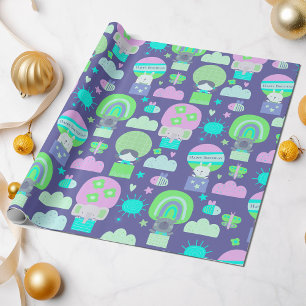 Papel De Regalo Niños Felices Cumpleaños Púrpura Pink Cute Animale