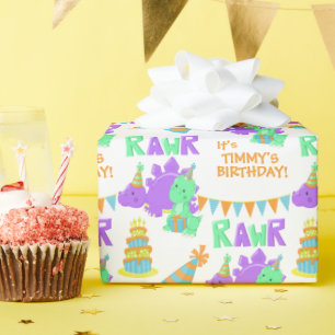 Papel De Regalo Niños Fiestas de Dinosaurios Verdes Púrpura Cumple