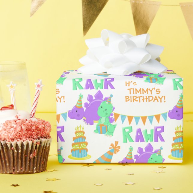 Papel De Regalo Niños Fiestas de Dinosaurios Verdes Púrpura Cumple (Fiesta de cumpleaños )
