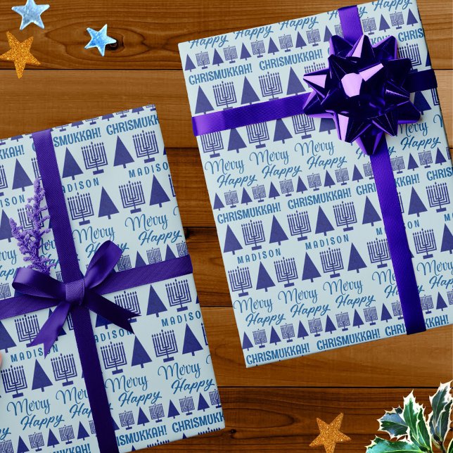 Papel De Regalo Niños interreligiosos de la Marina de los Cerezos  (Add a child's name to this fun Chrismukkah wrapping paper perfect for interfaith holiday families)