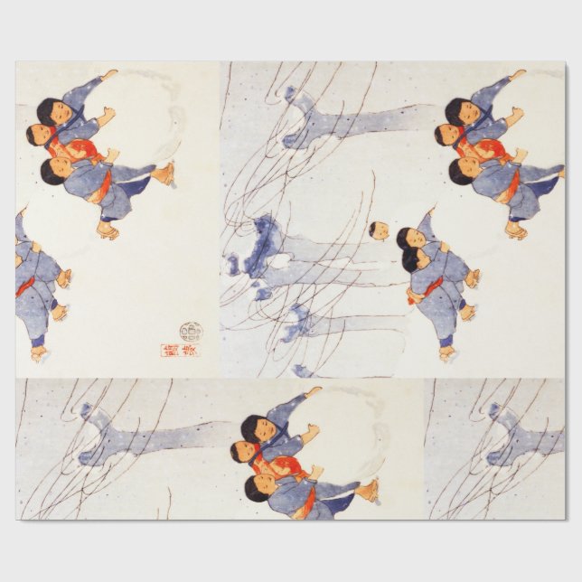 Papel De Regalo Niños japoneses rodando grandes bolas de nieve (Superficie plana)