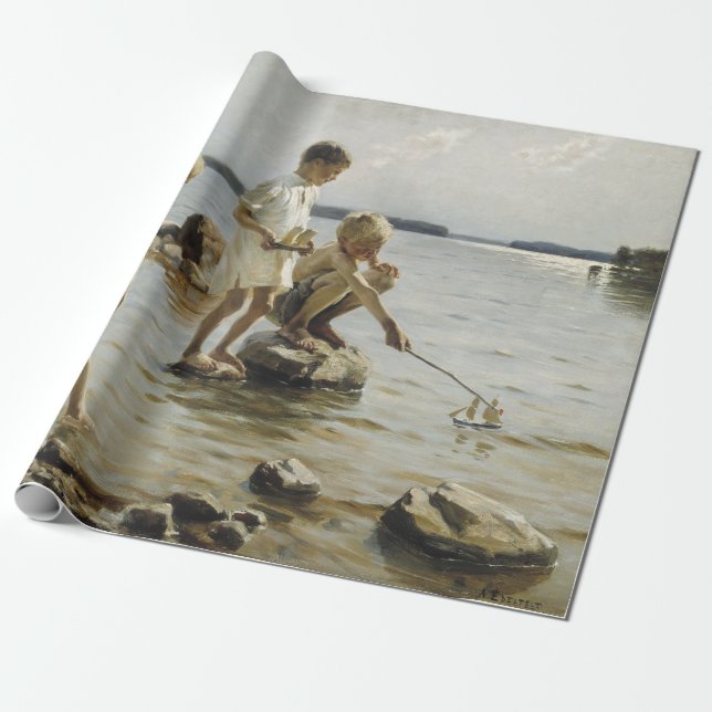 Papel De Regalo Niños jugando en la costa (por Albert Edelfelt) (Desenrollado)
