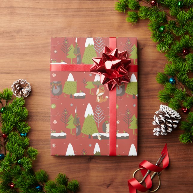 Papel De Regalo Niños Navidades de animales de la selva roja rústi (Regalo de vacaciones)
