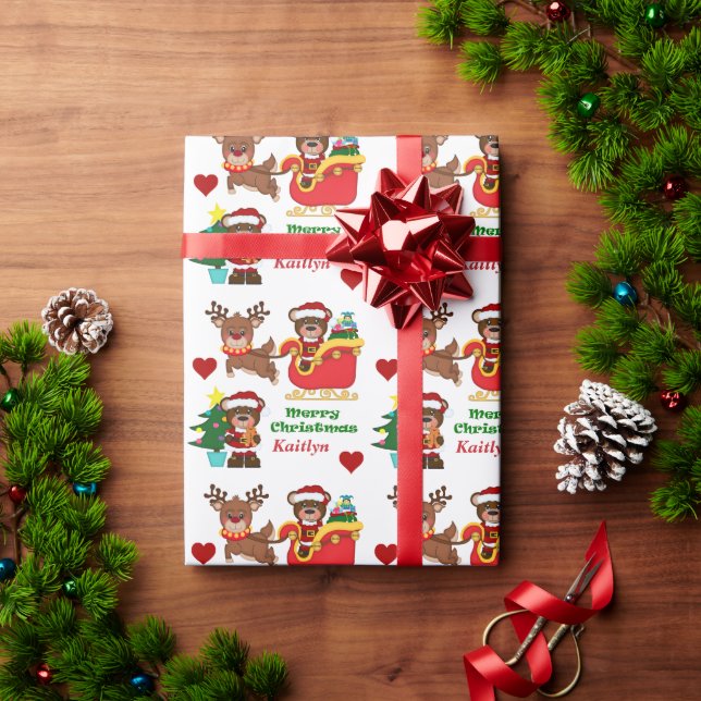 Papel De Regalo Niños personalizados de Santa Bear Sleigh (Regalo de vacaciones)