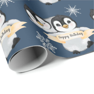 Papel De Regalo Niños pingüinos adorables Chica feliz cumpleaños