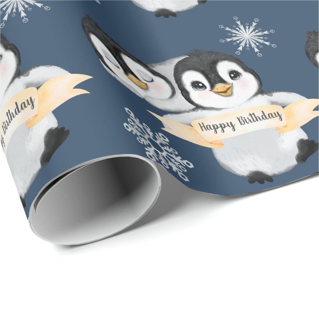Papel De Regalo Niños pingüinos adorables Chica feliz cumpleaños (Esquina del rollo)