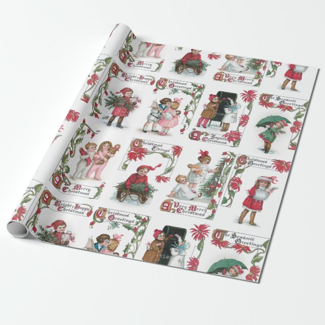 Papel De Regalo Niños victorianos festivos con saludos de Navidad (Desenrollado)