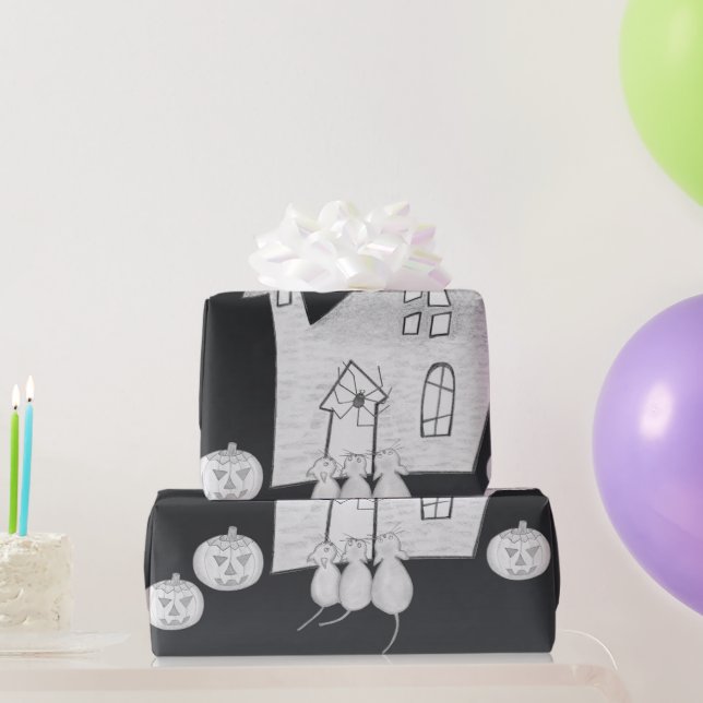 Papel De Regalo Noche de Halloween con casa embrujada, murciélagos (Regalos de fiesta)