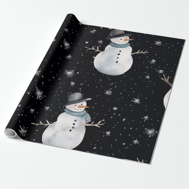 Papel De Regalo Noche de Navidades negros Snowman (Desenrollado)