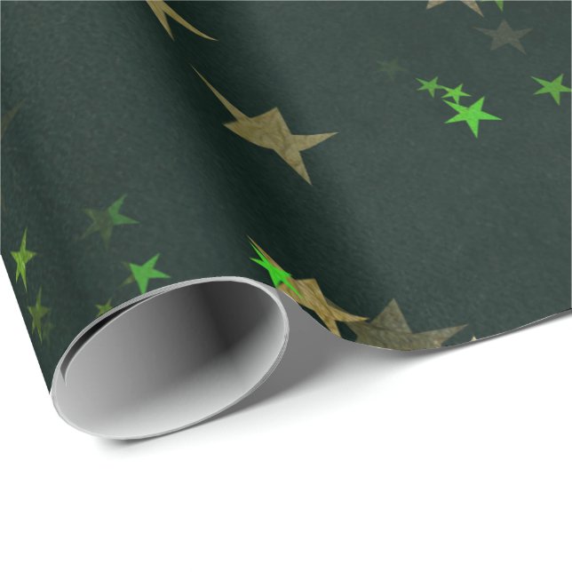 Papel De Regalo Noche estrellada Profunda Selva Verde Oro Esmerald (Esquina del rollo)