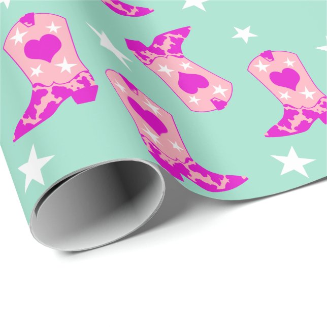 Papel De Regalo Noche moderna de vaca rosa occidental boots Mint (Esquina del rollo)