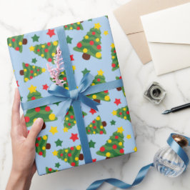 Papel De Regalo Noche silenciosa Árboles navideños y estrellas azu