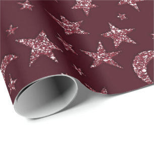Papel De Regalo Noche Stars Moon Sparkly Burgundy Purpurina