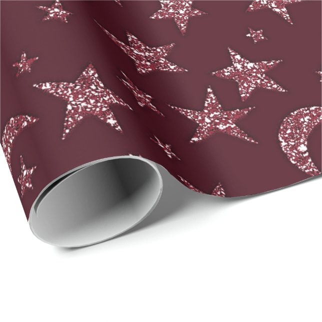 Papel De Regalo Noche Stars Moon Sparkly Burgundy Purpurina (Esquina del rollo)