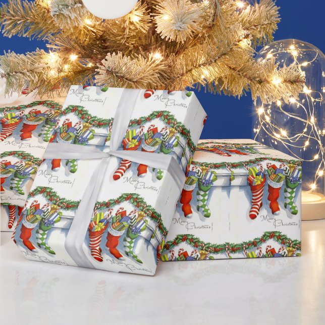 Papel De Regalo Nochebuena de época, medias, chimenea (Vacaciones)