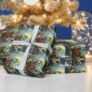 Papel De Regalo Nochebuena vintage Santa Claus Telescope Dog Sunse