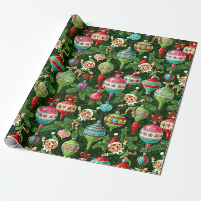 Papel De Regalo Noel nostálgico: elfos y ornamentos (Desenrollado)