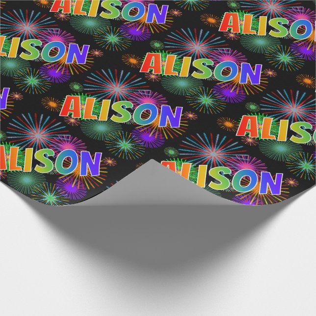 Papel De Regalo Nombre "ALISON" de arcoíris + Fuegos artificiales (Esquina)