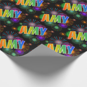 Papel De Regalo Nombre AMY con arcoíris y fuegos artificiales