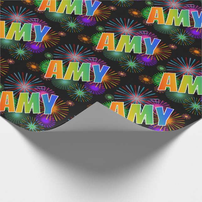 Papel De Regalo Nombre AMY con arcoíris y fuegos artificiales (Esquina)