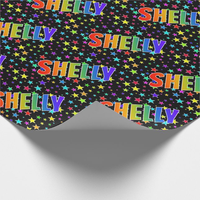 Papel De Regalo Nombre arcoíris "SHELLY" + Estrellas (Esquina)