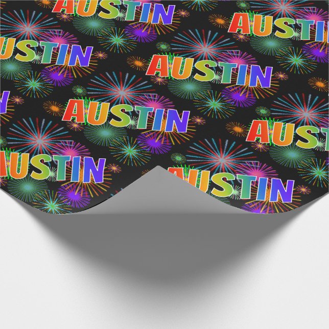 Papel De Regalo Nombre "AUSTIN" de arcoíris + Fuegos artificiales (Esquina)