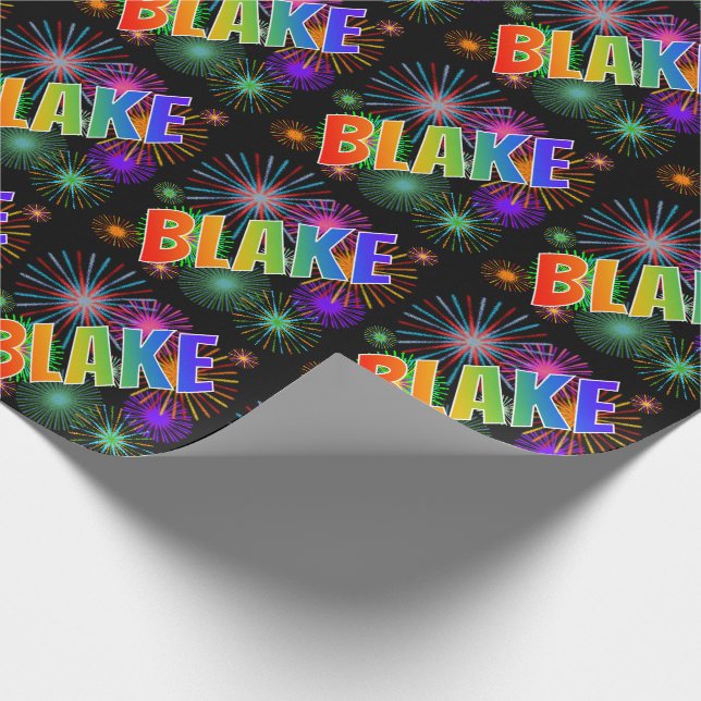 Papel De Regalo Nombre "BLAKE" de arcoíris + Fuegos artificiales (Esquina)