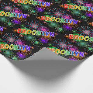 Papel De Regalo Nombre BROOKLYN con arcoíris + Fuegos artificiales