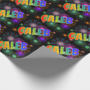 Papel De Regalo Nombre CALEB con arcoíris y fuegos artificiales