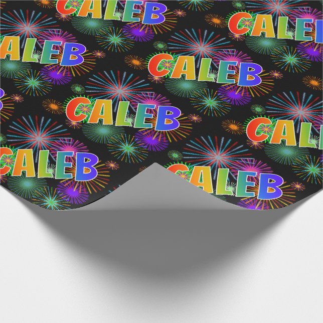 Papel De Regalo Nombre CALEB con arcoíris y fuegos artificiales (Esquina)